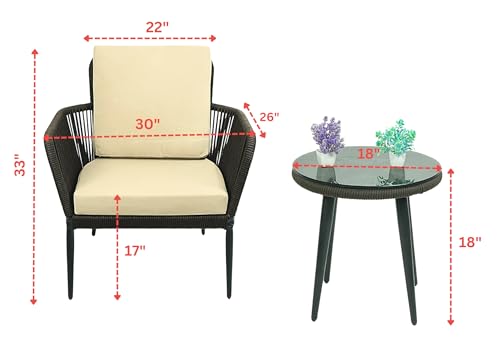 Image of DEVOKO 3 Piece Rope Patio Bistro Set Outdoor Conversation with Waterproof All Weather Chair and Glass Top Coffee Table for Garden, Balcony, Porch, Poolside (Dark Brown & Cream)