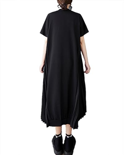 ellazhu Women's Dress Crewneck Short Sleeve Flowy Hem Patchwork Pleated GZ4703