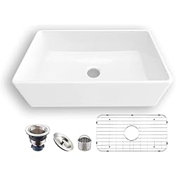 Fregadero Cocina Frente Visto MEJE Fregadero de granja de 84x50,5 cm, Fregadero de cocina reversible individual, Fregadero de cerámica blanca con frente de delantal, Fregadero de lavado con coladores y rejillas inferiores