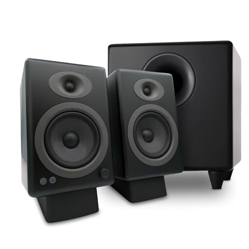 Image of Audioengine A5 Powered Wired Black Bookshelf Speakers with S8 Subwoofer and DS2 Stands
