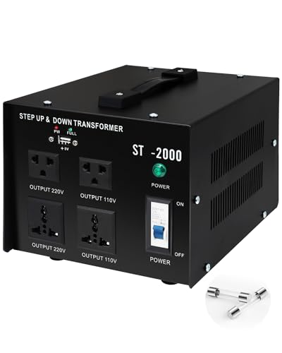 Voltage Converter Transformer 2000w,Step Up/Down Power Converter AC 110v to 220v / 220v to 110v,Transformer Converter with Two Spare Fuses,2 Universal Sockets,2 US Outlets,Circuit Breaker Protection