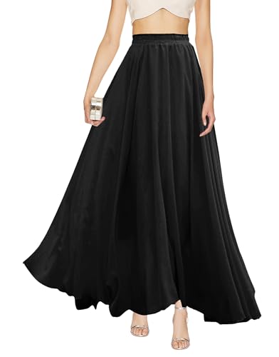 v28 Women Full/Ankle Length Flowy Elastic Retro High Waisted Long Chiffon Maxi Skirt (M,Black)