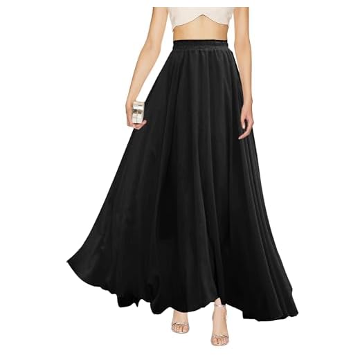 v28 Womens Maxi Midi White Flowy Long Black Summer Plus Size Sheer Chiffon Skirt (L,Black)
