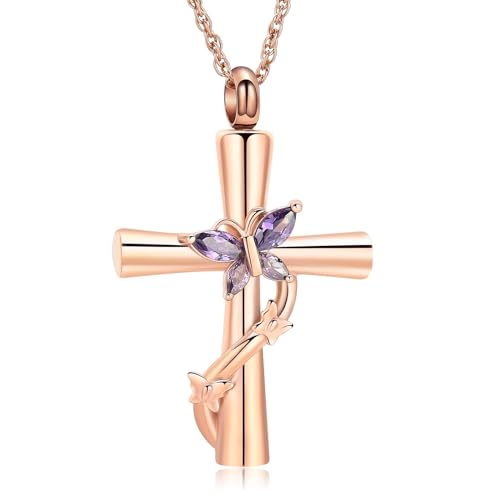 Butterfly Cross Urn Necklace for Ashes Birthstone Cremation Jewelry for Men Women Ashes Pendant Keepsake Memorial Ash Jewelry