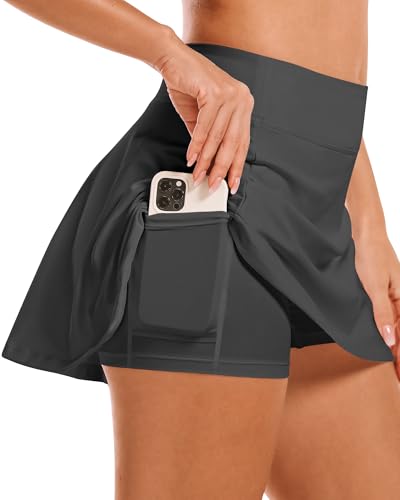 Stelle Women Tennis Golf Skirts High Waisted with Inner Shorts for Athletic Workout Sports Skorts Running Pickleball (GR, M) Grey