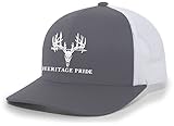 Heritage Pride Deer Skull Antlers Arrow Mens Mesh Back Trucker Hat Baseball Cap, Charcoal/White