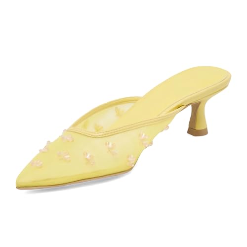 Image of Women Kitten Heel Mules Crystal Flower Decor Mesh Pointed Toe Low Heel Casual Pumps