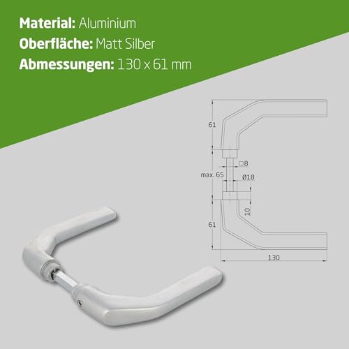 Amig - Türgriffgarnitur aus Aluminium ohne Schild, silberfarben, ideal für Innen- und Außentüren | 130 x 61 mm | Maximale Türstärke 65 mm | Drücker mit funktionellem, dekorativem und modernem Türgriff