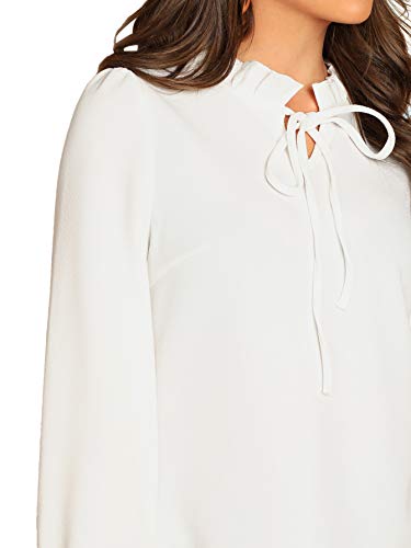 SheIn Women's Bow Tie Neck Ruffle Long Sleeve Elegant Shirt Blouse Top Large White