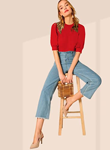 Image of Dream Beauty Fashion Women's Puff Sleeve Round High Neck Top Balloon Bishop Sleeve Elegant Casual Tee (23 inch Inches)- (Top Sofia P)