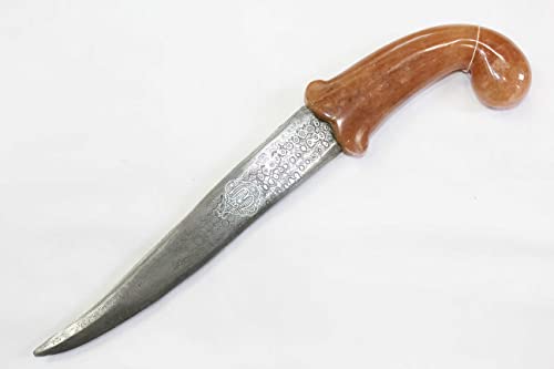 PH Artistic Dagger Knife Damascus Steel Blade Orange Jade Stone Handle Silver Koftgiri D115