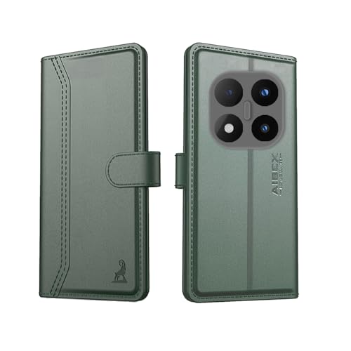 Image of AIBEX Compatible for Redmi Note 14 Pro Plus 5G Flip Cover Leather Finish with Magnatic Closure | Inside TPU with Card Pockets | Wallet Stand | Complete Protection Flip Case -Green