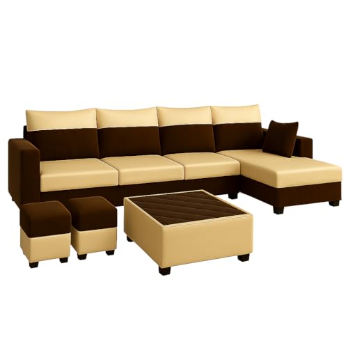Image of FURNY Arissa 8 Seater Fabric RHS L Shape Sofa Set with 1 Centre Table & 2 Puffy (Cream-Dark Brown) Premium Velvet Finish | Durable Comfort | Ideal for Living Room
