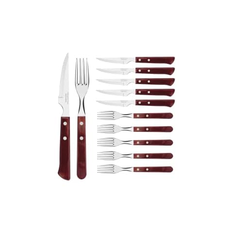 Tramontina Juego de 12 cubiertos para carne con 6 cuchillos de carne y 6 tenedores de carne, acero inoxidable, mango de madera auténtica, color rojo Cover