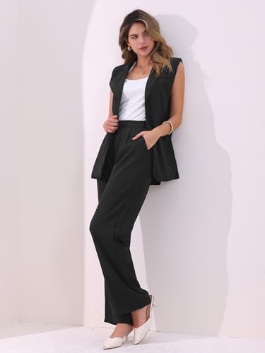 Allegra K Women's 2 Piece Set Business Casual Outfits Sleeveless Blazer and Wide Leg Dressy Pant Suits2