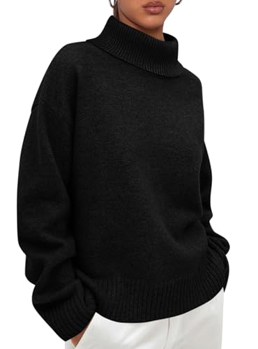 PRETTYGARDEN Womens Turtleneck Long Sleeve Sweater 2026 Fall Trendy Loose Fit Casual Tops Chunky Knit Pullover Sweaters (Black Medium)