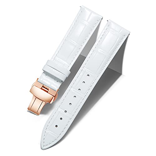 BINLUN Leather Watch Bands Replacement Watch Strap for Men Women with Silver/Gold/Rose Gold Butterfly Deployment Buckle(13mm, White-RG)