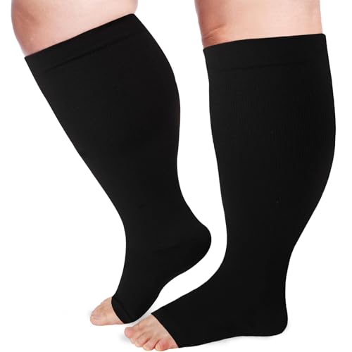 LOUSGUTA Open Toe Plus Size Compression Socks for Women & Men 15-20 mmhg Toeless Wide Calf Compression Support Knee High Socks2