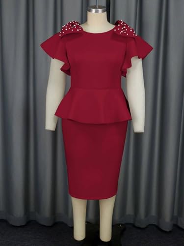 Image of ONTINVA Women's Plus Size Pencil Dress Bowtie Beaded Ruffle Flared Sleeves Wedding Guest Dress Wear to Work Dresses