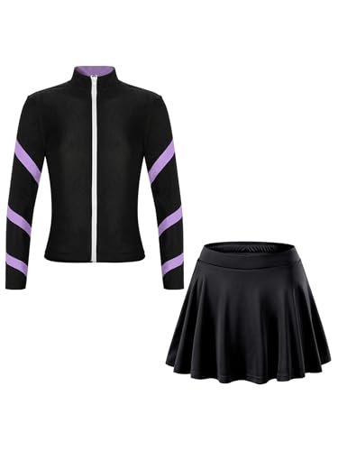 easyforever Kids Girls Sports Outfit Stripe Stand Collar Zipper Sweatshirt With Athletic Skirt Sets Dancewear Activewear Light Purple 12-13 Years