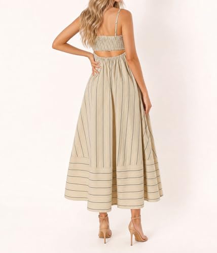 Image of chouyatou Women's Striped Back Smocked Maxi Dress Sexy Spaghetti Strap Cut Out Flowy Swing Long Dress