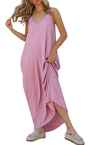 Image of R.Vivimos Women's Summer Casual Adjustable Spaghetti Strap V Neck Boho Loose Fit Backless Maxi Dress with Pockets
