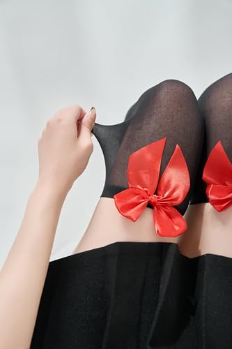 Image of Black Thigh High Stockings with Red Satin Bow Sexy Black Over Knee High Long Socks with Bow for Women Opaque Thigh High Tights Stockings Hosiery for Lingerie Cosplay Costumes Halloween Valentine's Day