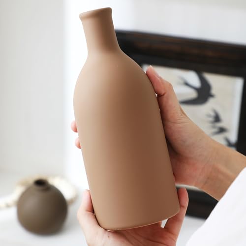 ooit Ceramic Vase Set of 3, Rustic Farmhouse Modern Bohemian Vases, Brown, Round, Holds Water, Anti-Slip Base, Perfect for Fresh or Dried Plants, Home Decor, Indoor