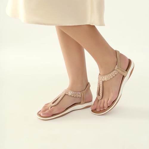 Image of UBFEN Womens Flat Sandals Dress Braided T-Strap Thong Sandals with Arch Support Comfortable for Walking