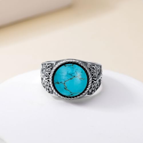Men's Tree of Life Ring 925 Sterling Silver Round Black Onyx/Turquoise Vintage Band, Spiritual Jewelry for Engagement Wedding Anniversary Father’s Day Gift4