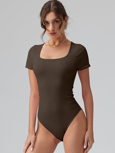 Image of OQQ Women Bodysuits Ruched Short Sleeve Square Neck Stretch Lounge Travel Bodysuits