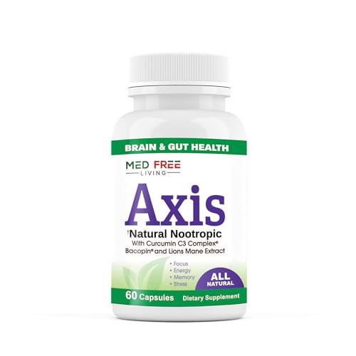 Axis Natural Brain Supplement with Curcumin C3 Complex, Bacopin, and Lion's Mane Extract - Brain & Gut Health Support, Focus, Energy, Stress Relief - 60 Capsules, All-Natural, Med Free Living (1)