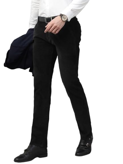 hancock Men Solid Slim Fit Corduroy Cotton Stretchable Formal Trousers (2177Black)-picture-24