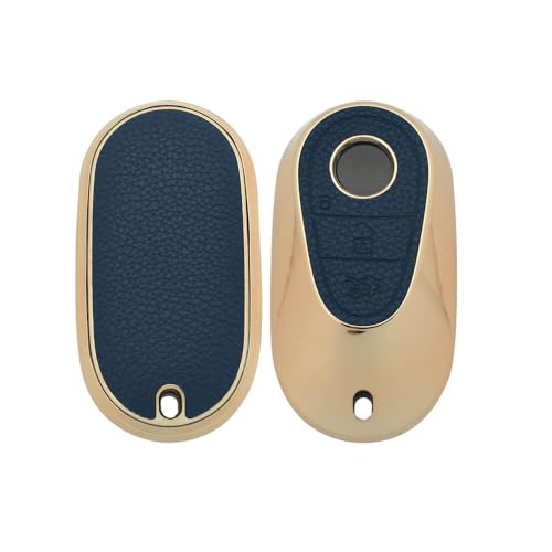 Image of Keyzone Litchi Leather Textured TPU Key Cover & Keychain for S-Class, G-Class, E-Class 2022 Onwards, 3 Button Smart Key (Blue)