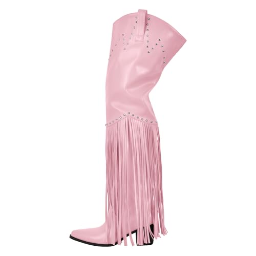 Image of richealnini Western Thigh High Cowboy Boots with Fringe Over Knee Wide Calf Cowgirl Boots