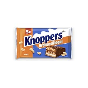 Knoppers ErdnussRiegel – 1 x 200g (5 Riegel) – Waffelriegel mit Milchcreme, Erdnusscreme, gesalzenen, gehackten Erdnüssen und zartem Karamell, umhüllt von Vollmilchschokolade