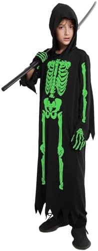 Glow In The Dark Halloween Skeleton Outfits Scary Ghost Cosplay Set with Gloves for Kids
