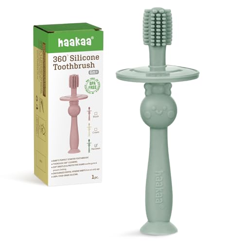 Image of haakaa 360° Baby Toothbrush with Suction Base - Gentle Cleaning for Infant Self-Brushing Training, Food-Grade Silicone, Adjustable Safety Shield - Pea Green (1 Piece)