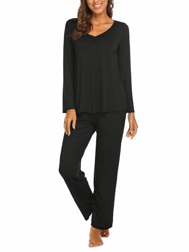 Ekouaer Schlafanzug Damen Lang Pyjama Set Kuschelig Nachtwäsche Zweiteiler Herbst Schlafanzüge Langarm Hausanzug Schwarz S