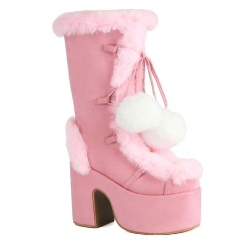 Platform Boots for Women Chunky Heel Platform Fur Boots Lace Up