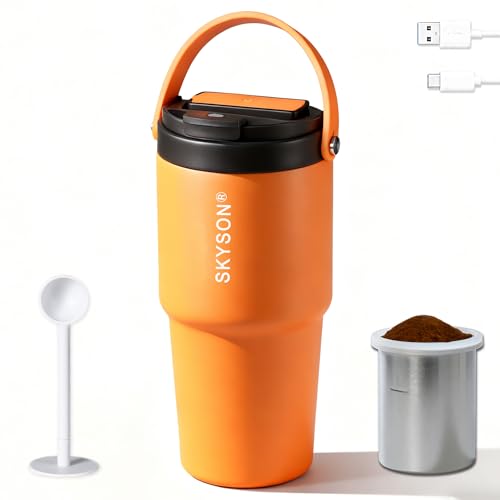 Portable Coffee Maker Mug for Travel,Mini Espresso Coffee Machine,20 oz Thermos Cup with Lid Fast Extraction Electric Filter Brewer,Insulated Stainless Steel Tumbler(Orange)