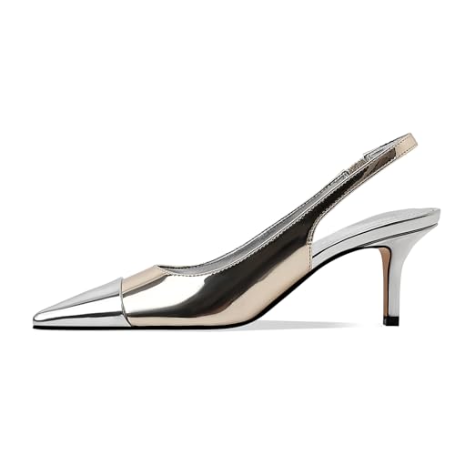 Image of Women's Kitten Heel Slingback Pointed Closed Toe Pumps Dress Shoes for Women Low Stiletto Heels for Women Comfy Dressy Heels