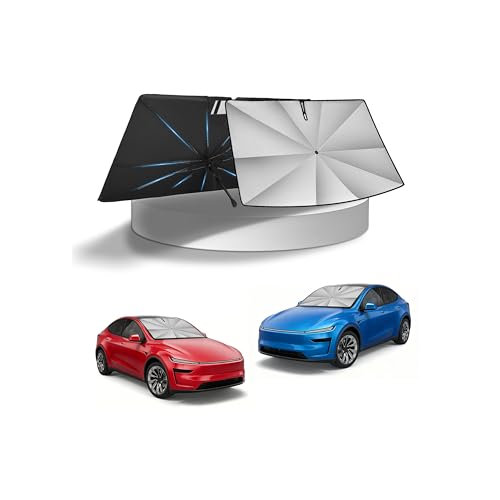 Image of KUST Ice Crystal Sun Shade Umbrella for 2017-2026 Tesla Model Y /Juniper /Model 3 / Highland | Custom Fit Windshield Sunshade for Tesla | Foldable Sunshade with Bendable Handle | Blocks Heat & UV Rays