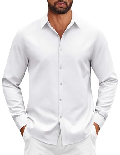 COOFANDY Camisa de Algodón de Manga Larga para Hombre Corte Regular con Botones Formal Cómoda para Negocios Blanca L