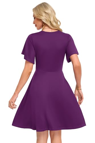 AUSELILY Damen Kleid Sommer Strandkleid Rüschenärmeln V-Ausschnitt Elastischer Taille und Taschen Swing Urlaubskleid Lila XXL 5
