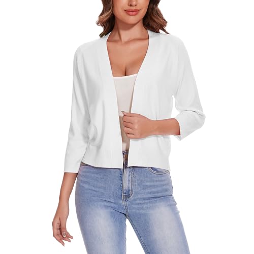 Women's 3/4 Sleeve Open Front Cropped Cardigan Solid Shrugs Lightweight Knit Sweater