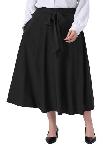 Agnes Orinda Plus Size Skirt for Women Tie Knot High Waist A-Line Pockets Skirt Skater Flared Midi Skirt Vinage Skirt