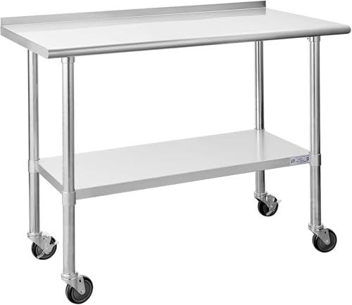 Hally Stainless Steel Table for Prep & Work 24 x 48 Inches with Caster Wheels, NSF Commercial Heavy Duty Table with Undershelf and Backsplash for Restaurant, Home and Hotel