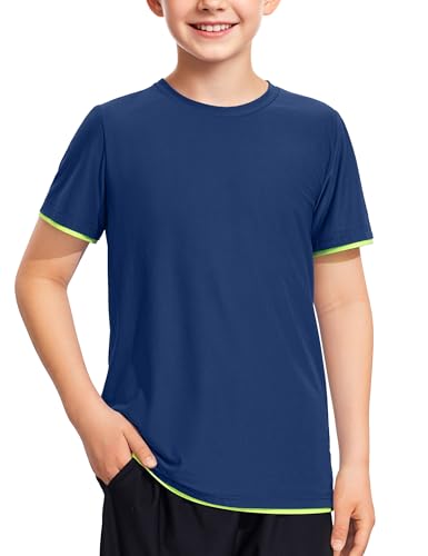 Somaibo Boys Athletic Shirts Mesh Kids Short Sleeve T-Shirts Quick Dry Youth Activewear Tops for Teens 13-14 Years Navy