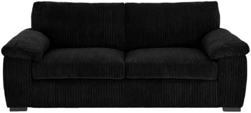 Image of Bliss Furniture Amalfi Jumbo Cord 3 Seater Sofa for Family Living Rooms – Soft Corduroy, Birch Frame, Removable Washable Covers – High Back Three Seater Couch (Black, 3 Seater)